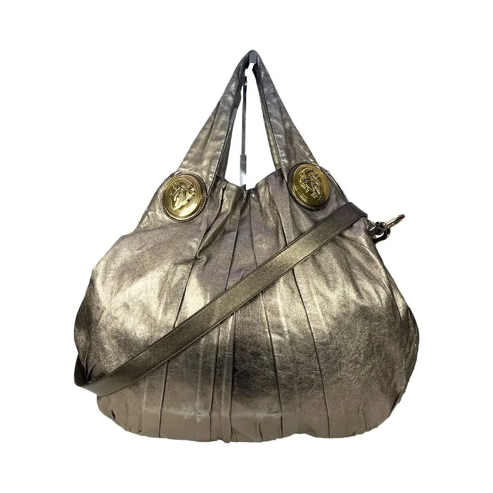 Gucci Metallic Pleated Leather Hysteria Hobo Bag Gold Crest Large 197016 Italy